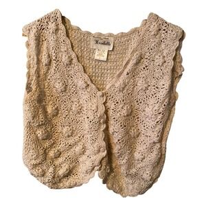 VTG Kroshetta Cream Crochet Floral Vest Women's Size L Button Up Sleeveless